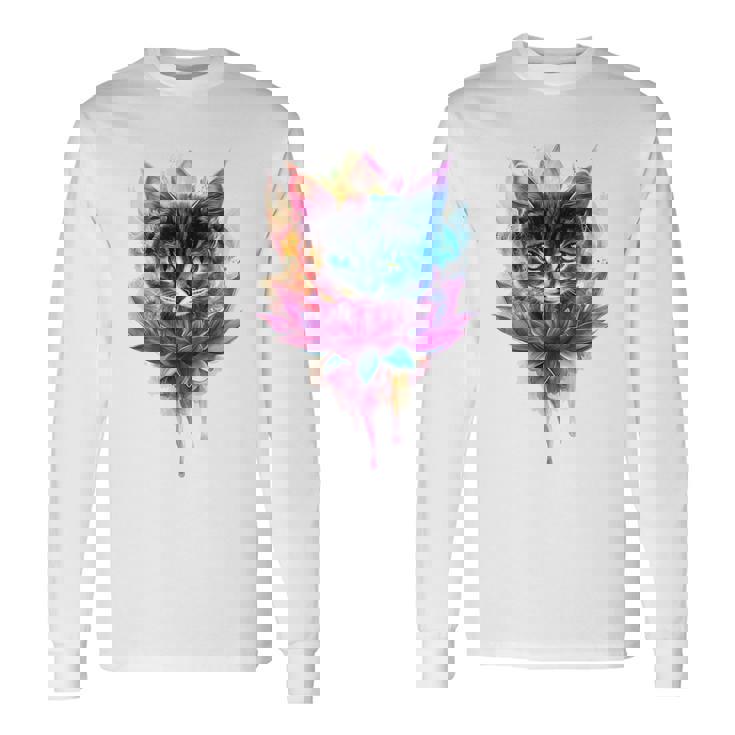 猫 花 カラフル かわいい アート 動物好き グラフィック 猫 長袖Tシャツ