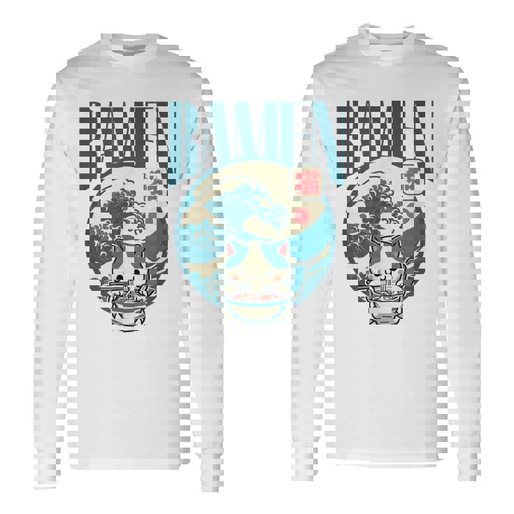 猫食べるラーメン キッズ&大人、日本の神奈川波ラーメン 長袖Tシャツ