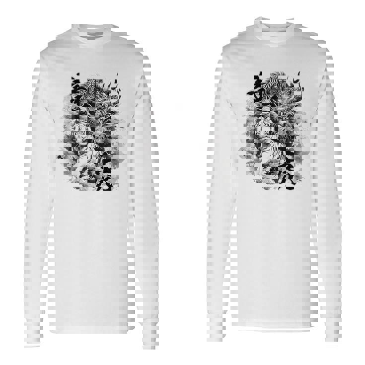 竜虎 墨絵 バックプリント 長袖Tシャツ