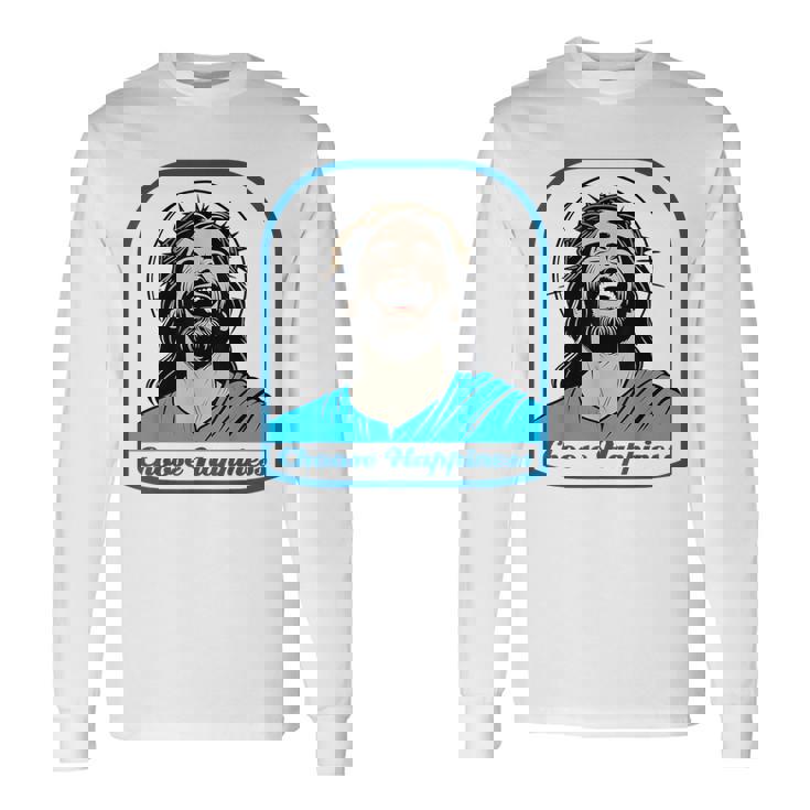 笑うイエス キリスト 喜び 幸せな笑顔 自信 いばらの冠 満足感 クリスマスプレゼント 贈り物 お土産 ポジティブ 長袖Tシャツ