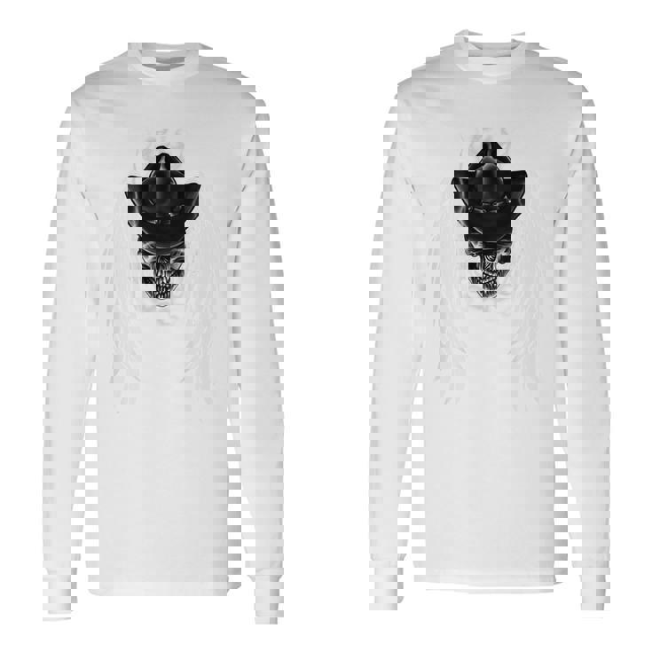羽の天使の翼 カウボーイスカル 背中 長袖Tシャツ