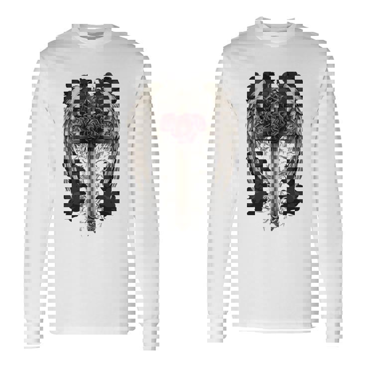 翼とバラのゴシック・クロス 長袖tシャツ 長袖Tシャツ ギフトのアイデア