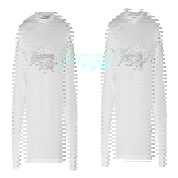 背中 山から形をした涼しい魚 自然 情景 釣り 長袖Tシャツ