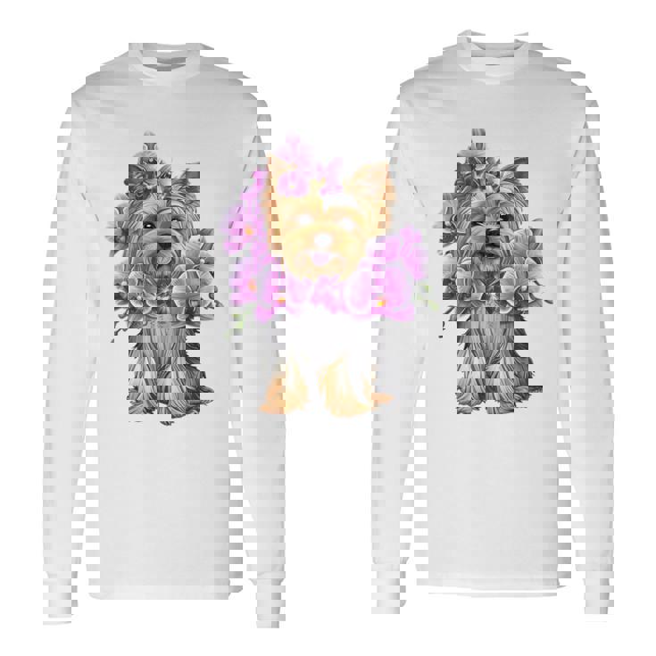 花を持つヨークシャー テリア 長袖tシャツ 長袖Tシャツ