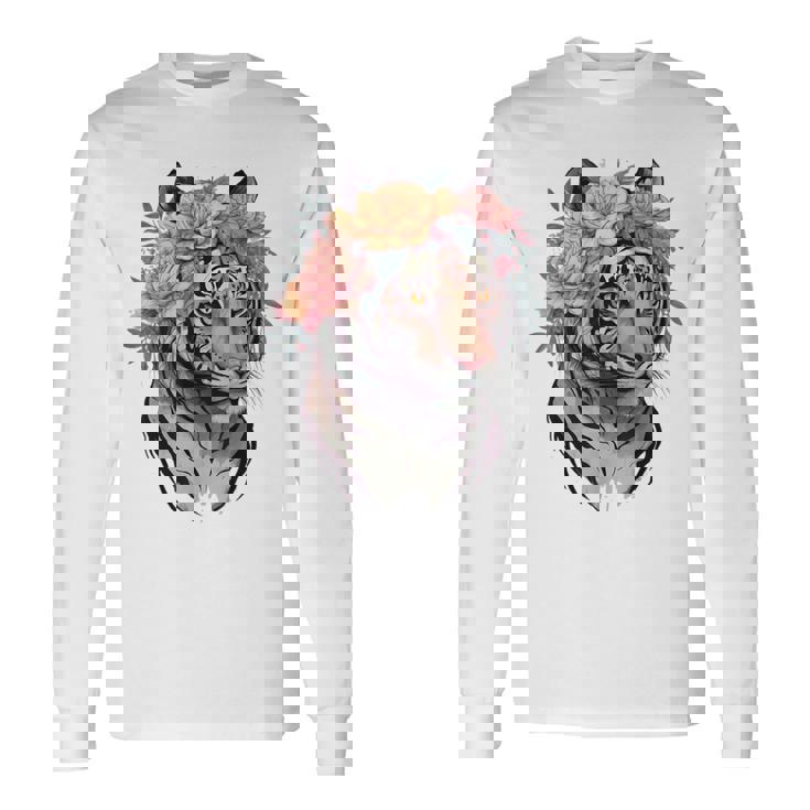 花柄 水彩 虎 花 王冠 虎好き 長袖Tシャツ ギフトのアイデア