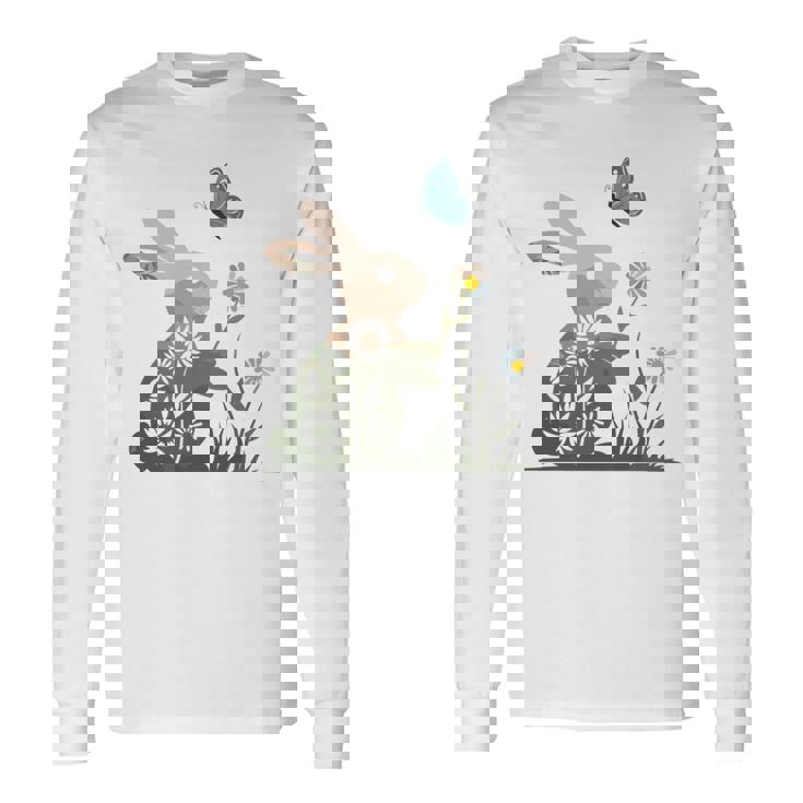 蝶のイースターとデイジーを保持している甘いウサギのウサギ 長袖tシャツ 長袖Tシャツ