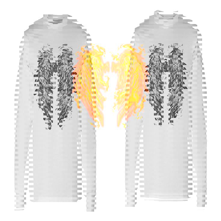 裏面に燃える天使の翼 火の羽 長袖Tシャツ