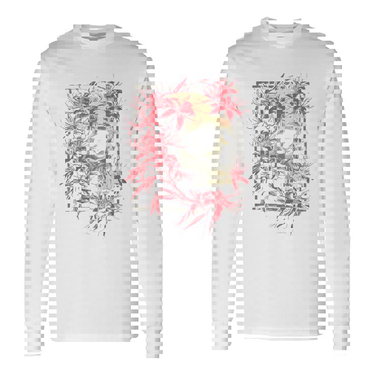 赤いクモのユリの花 日本の頭蓋骨 オタクのバックプリント 長袖Tシャツ