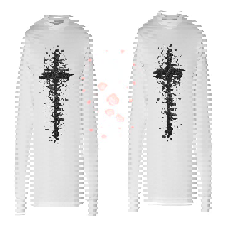 赤いバラのゴシック・クロス 長袖tシャツ 長袖Tシャツ