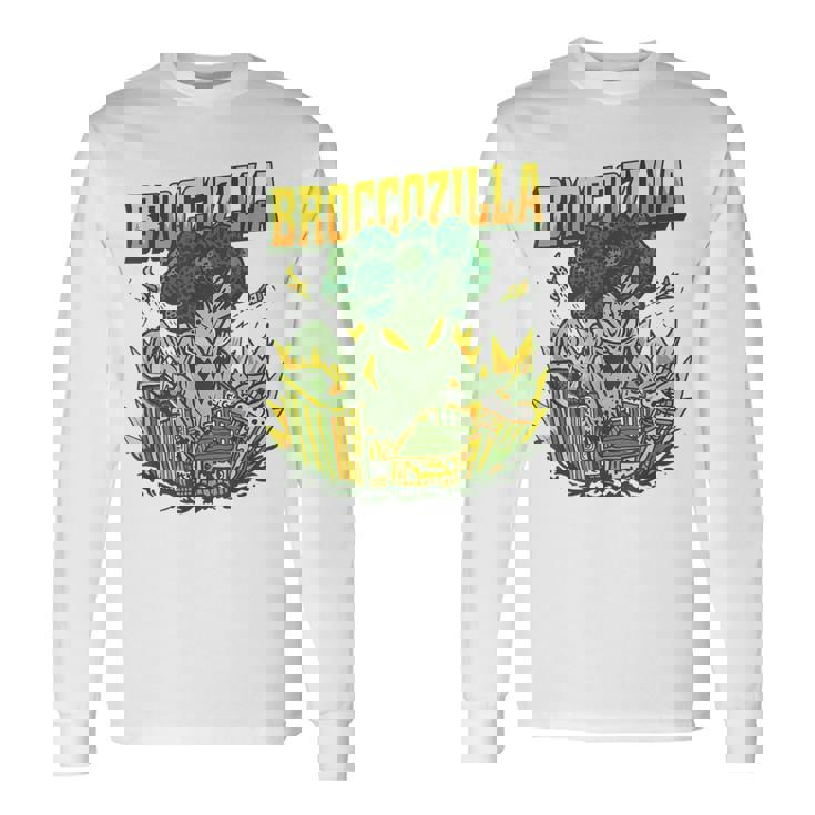 都市を攻撃する巨大なブロッコリーモンスター面白いブロッコリー 長袖Tシャツ ギフトのアイデア