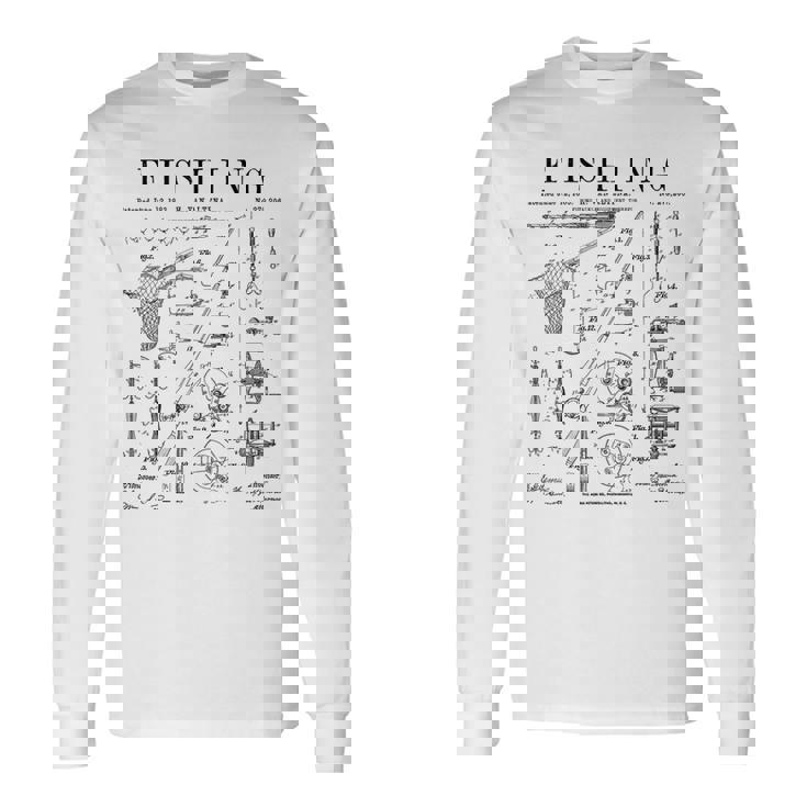 釣り ロッド タックル リール ルアー フィッシャーマン ヴィンテージ 特許 プリント 長袖Tシャツ