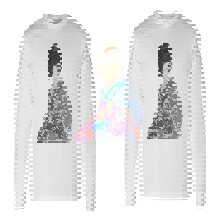 青い着物を着た美しい芸者 日本画 鳥居 言人 帯 美人画 新版画 日本画 長袖tシャツ 長袖Tシャツ