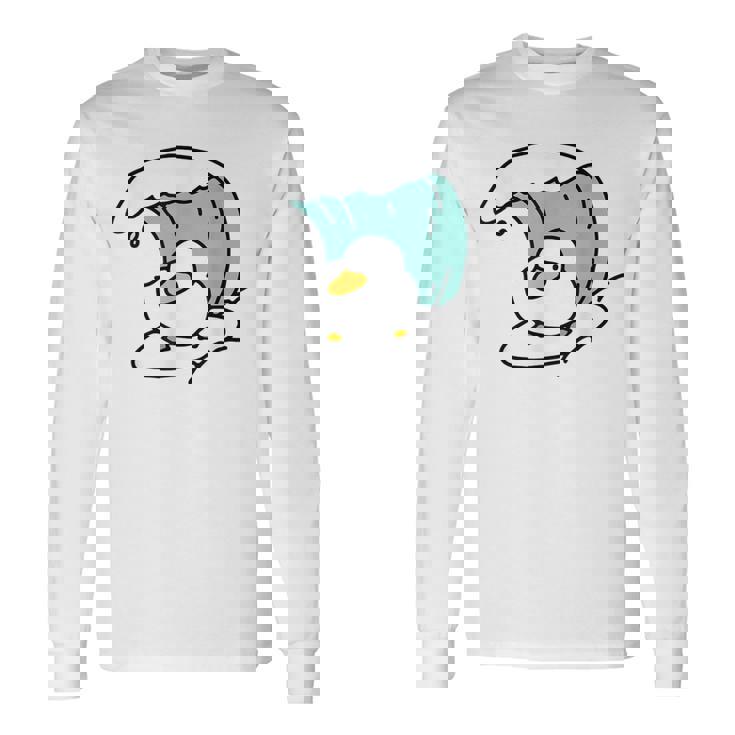 面白くてかわいい小さなアヒルが波をキャッチ。 長袖Tシャツ