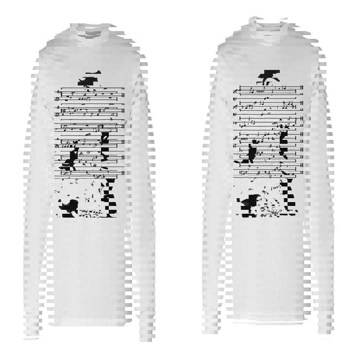 音楽譜上の遊ぶ猫のシルエットデザイン ピアノ音符 遊び心のある猫 猫 ジョーク かわいい 動物好き ギャグ好き 長袖Tシャツ