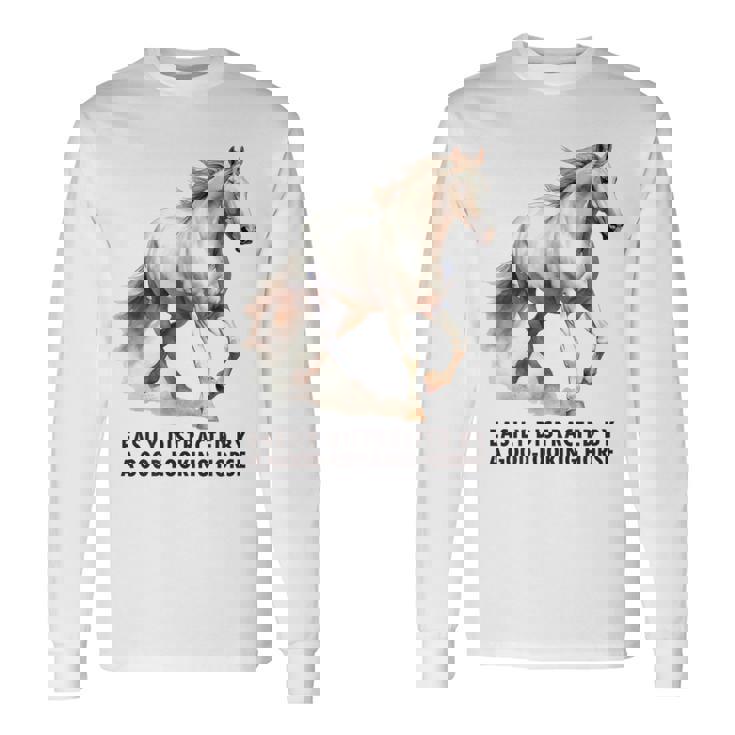 馬の水彩画、乗馬、優雅な高速ランニング馬 長袖Tシャツ