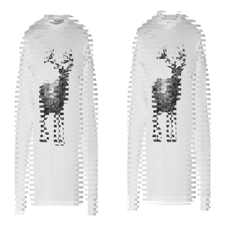 鹿 動物 プリント モチーフ 図面 イラスト ポートレート 鹿 長袖Tシャツ