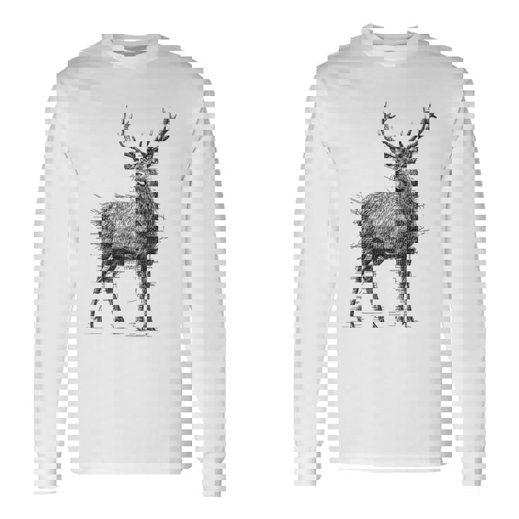 鹿 絵 グラフィック 動物 アート モチーフ 鹿 長袖Tシャツ