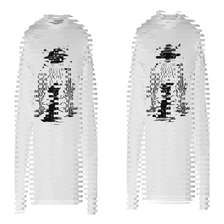 黒猫 カウボーイハット ウェスタン Ufo エイリアン 面白い かわいい 長袖Tシャツ