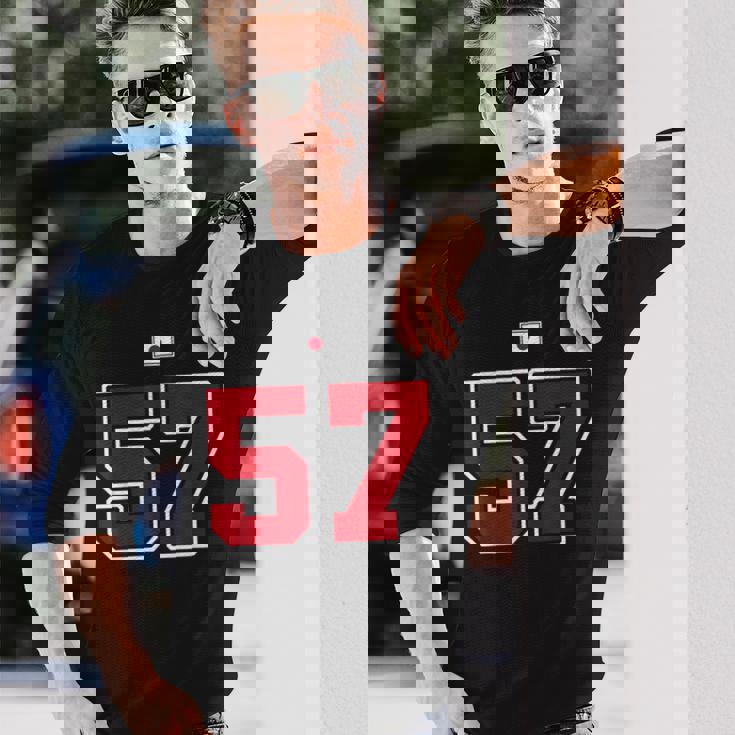 57 ナンバー カレッジスタイル ヴィンテージ 赤 白 日本国旗 長袖Tシャツ 彼への贈り物