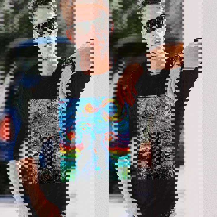 Aja 星月夜に2匹の黒猫 カラフルアート 長袖Tシャツ 彼への贈り物