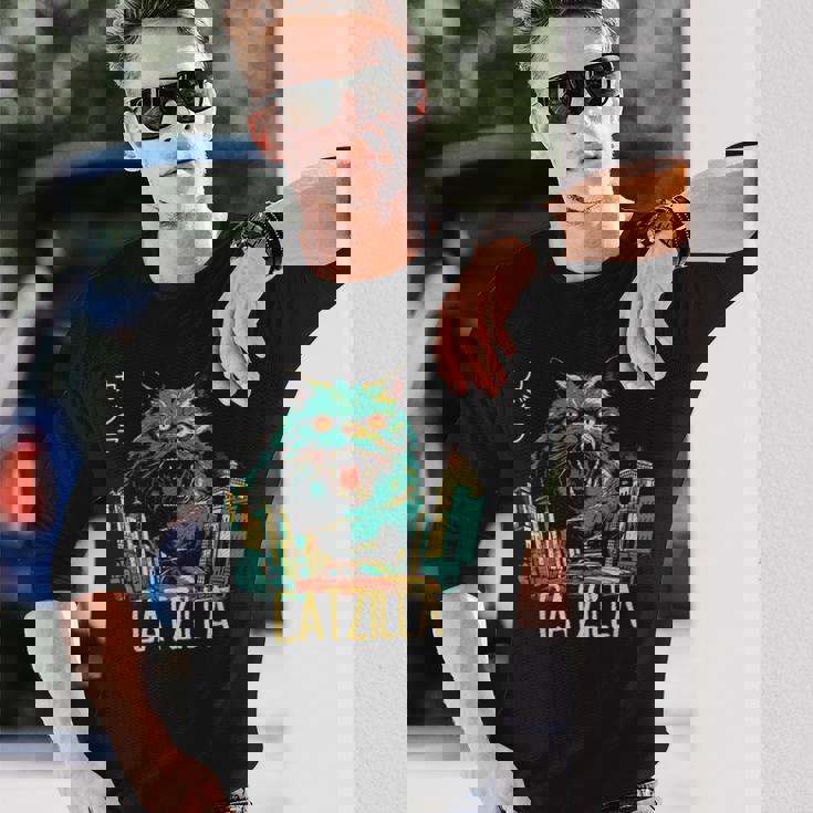 Catzilla ビンテージ 面白い かわいい 猫 アート 長袖Tシャツ 彼への贈り物