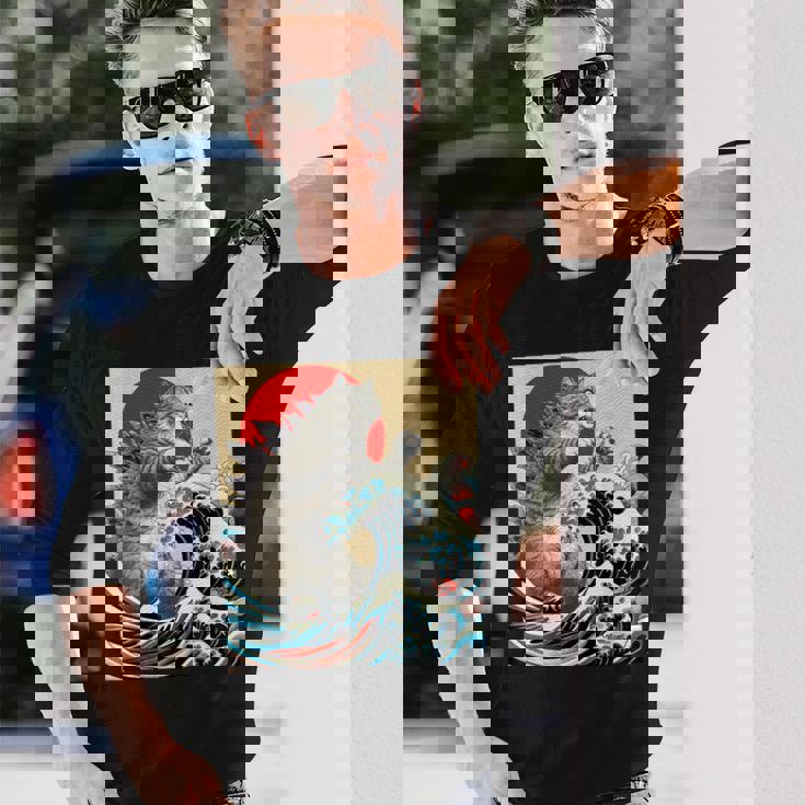 Catzilla 猫日本美術面白い猫 長袖Tシャツ 彼への贈り物