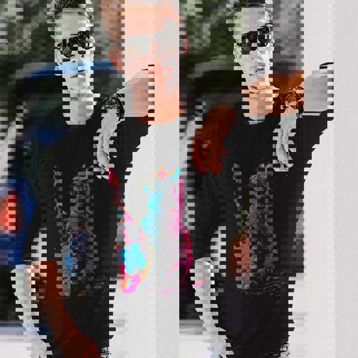 Feline Groove ロックギター 猫デザイン 音楽愛好家向け 長袖Tシャツ 彼への贈り物