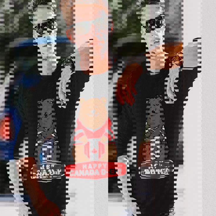 Happy Canada Day 面白いカナダのクマの旗 長袖Tシャツ 彼への贈り物