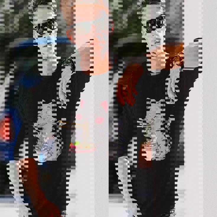 Kawaii Ramen Cat Neko Cute Anime Noodle Lover 長袖Tシャツ 彼への贈り物