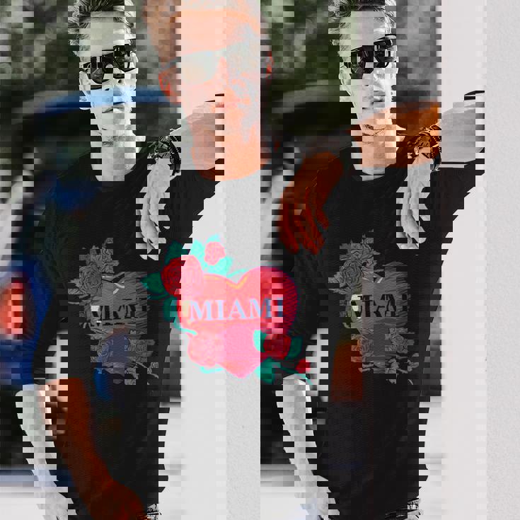 I Love Miami Miami Love Heart & Roses Illustration Graphic 長袖Tシャツ 彼への贈り物