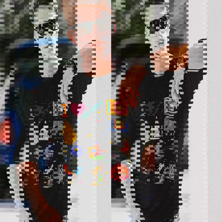 I Loveri Lanka 手描きのスリランカのランドマーク、旗、地図 長袖Tシャツ 彼への贈り物