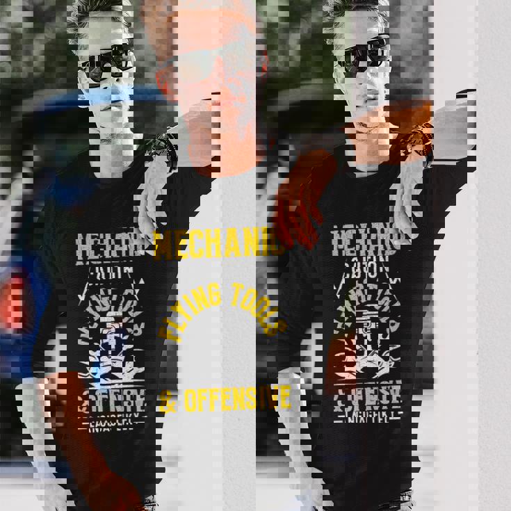 Mechanic Caution Flying Tools 自動車整備士 長袖Tシャツ 彼への贈り物