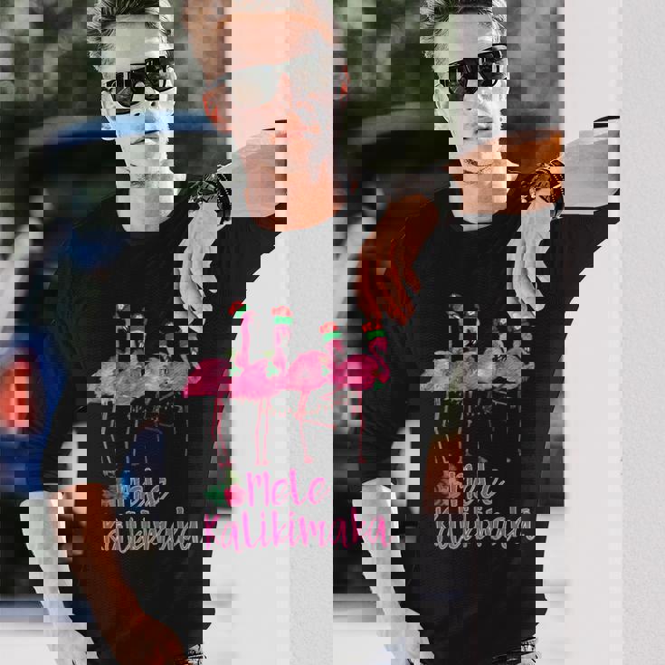 Mele Kalikimaka フラミンゴ ハワイ トロピカルファミリー 長袖Tシャツ 彼への贈り物