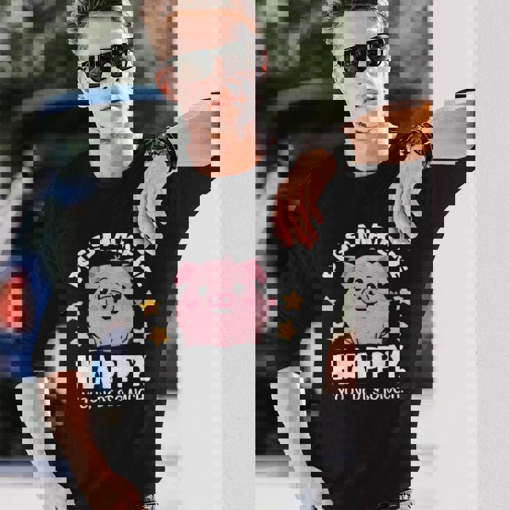 Pigs Make You Happymile かわいい 子豚 恋人 おもしろ豚 長袖Tシャツ 彼への贈り物