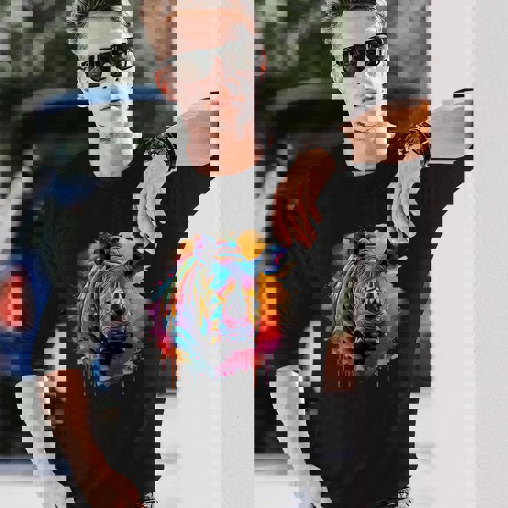 Rhinoceros アートワーク ポートレート 動物 アート カラフル スプラッシュ サイ 長袖Tシャツ 彼への贈り物