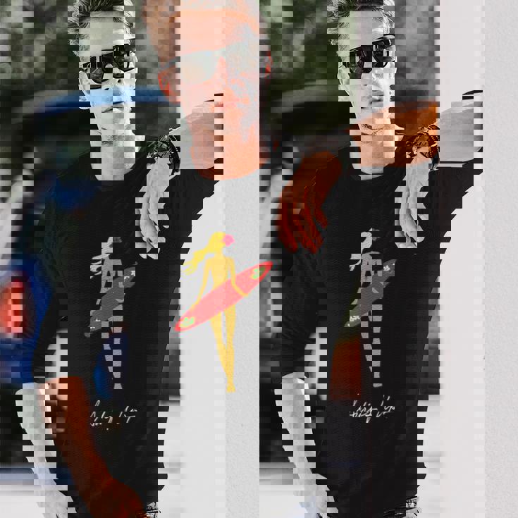 Surfs Up トロピカルブロンドサーファーガール 長袖Tシャツ 彼への贈り物