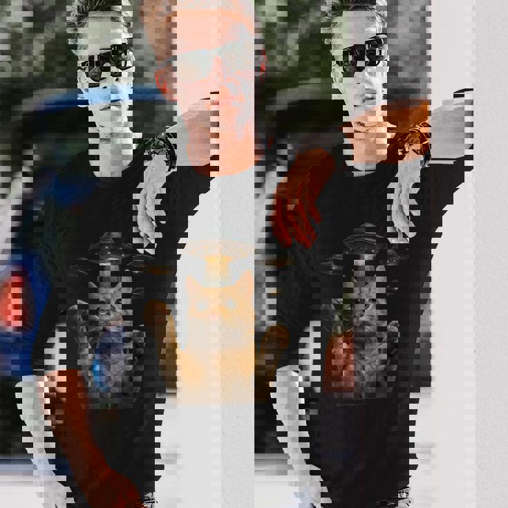 Ufo 誘拐 猫 面白い エイリアン ビーム リアル スタイル 長袖Tシャツ 彼への贈り物