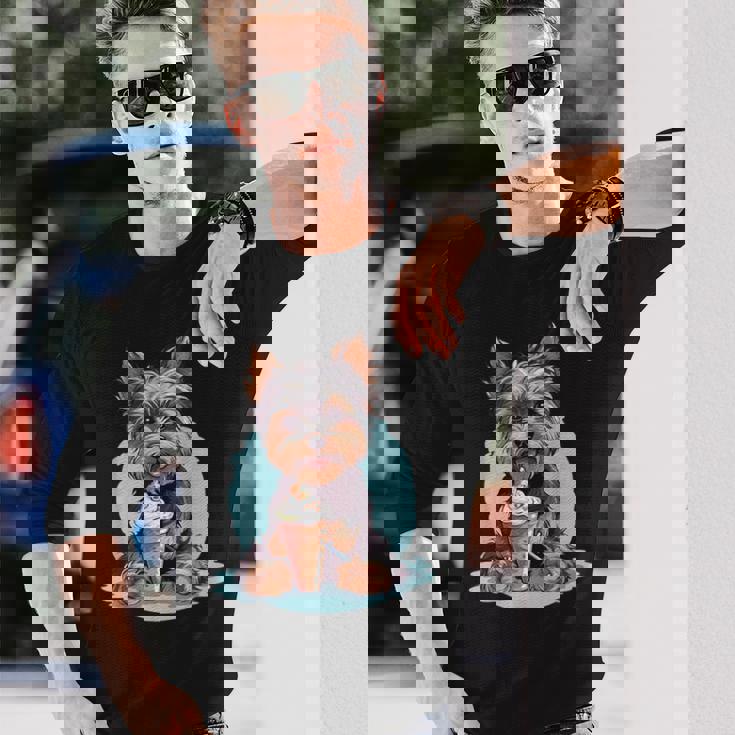 Yorkie Dog アニメ アイスクリームを食べる 夏 かわいい 長袖Tシャツ 彼への贈り物