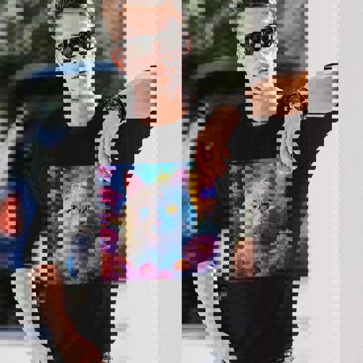 「お花畑のルディ猫」 油絵風ファンタジーアート 綺麗 かわいい オッドアイ リアル 長袖Tシャツ 彼への贈り物