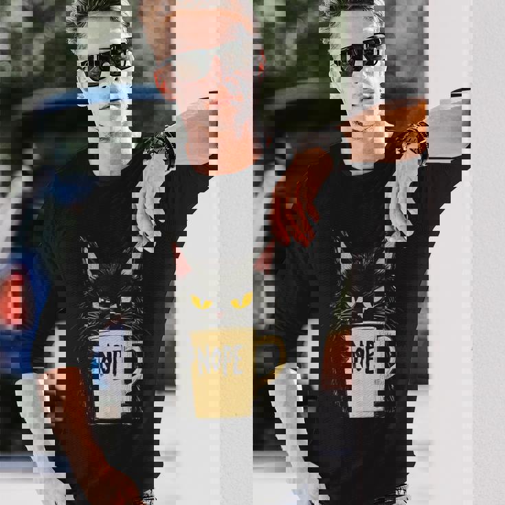 おかしな猫 コーヒーマグと黒猫 Nope 長袖Tシャツ 彼への贈り物