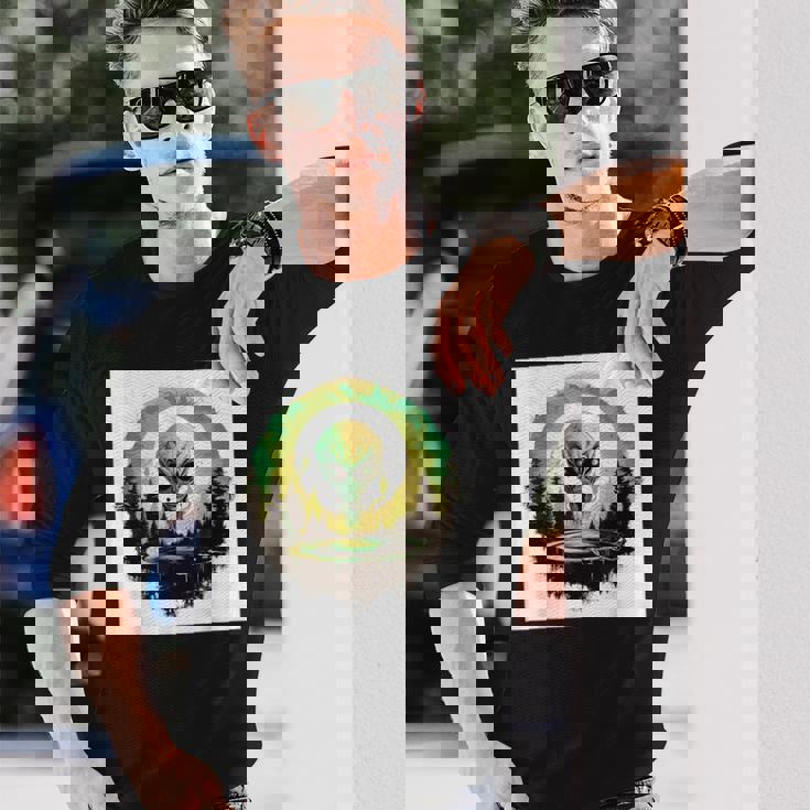 かわいいグリーンエイリアンヘッドufoスペースフェイス 長袖Tシャツ 彼への贈り物