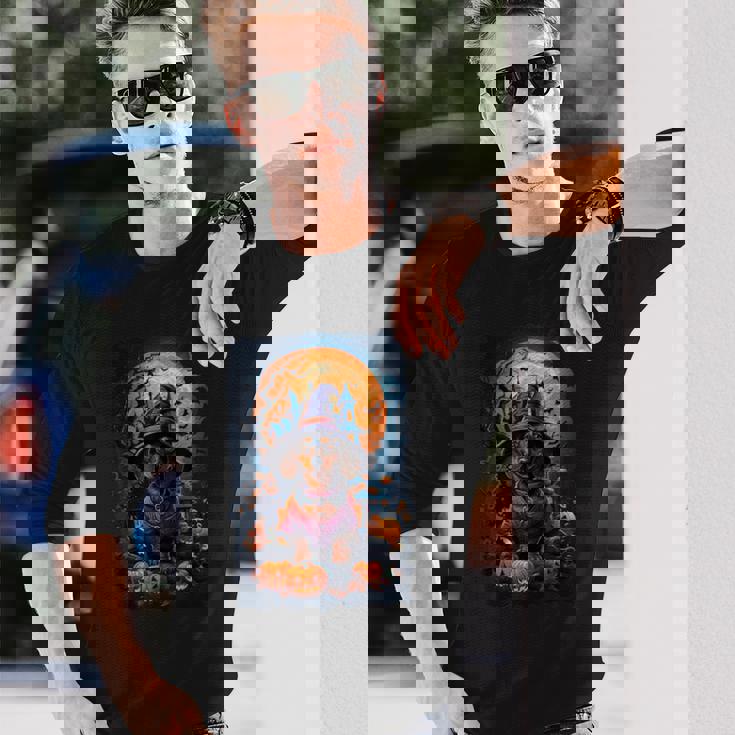 かわいいダックスフントと不気味なお化け屋敷のハロウィンコスチューム 長袖Tシャツ 彼への贈り物