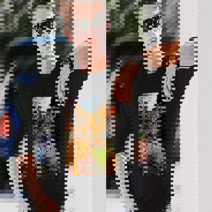 かわいい着物猫 自撮り 抹茶 バブルティー 長袖Tシャツ 彼への贈り物