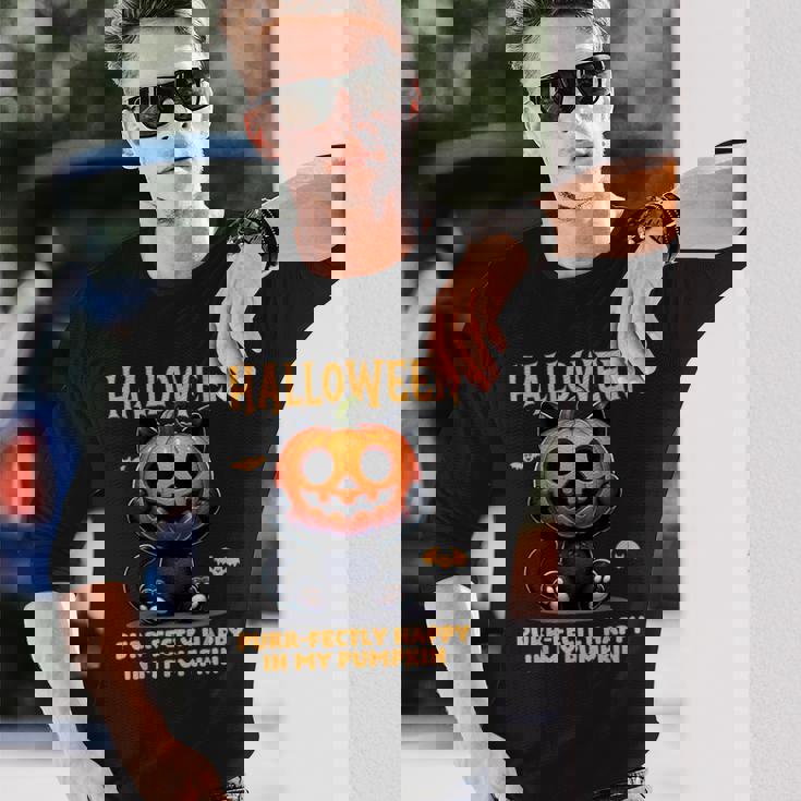 かわいい黒猫ハロウィン衣装カボチャデザインマスク面白い 長袖Tシャツ 彼への贈り物