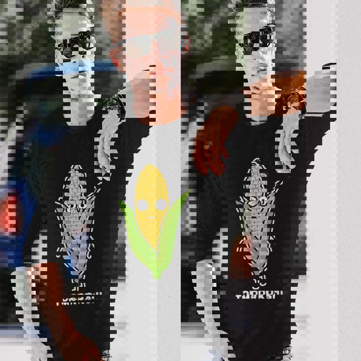 とうもろこし 顔 イラスト かわいい おもしろ 面白い 簡単 シンプル ゆるい 野菜 長袖Tシャツ 彼への贈り物