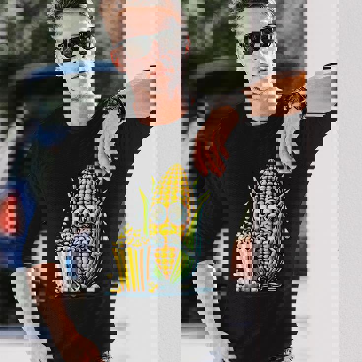 とうもろこしとポップコーンのキャラクター 長袖Tシャツ 彼への贈り物