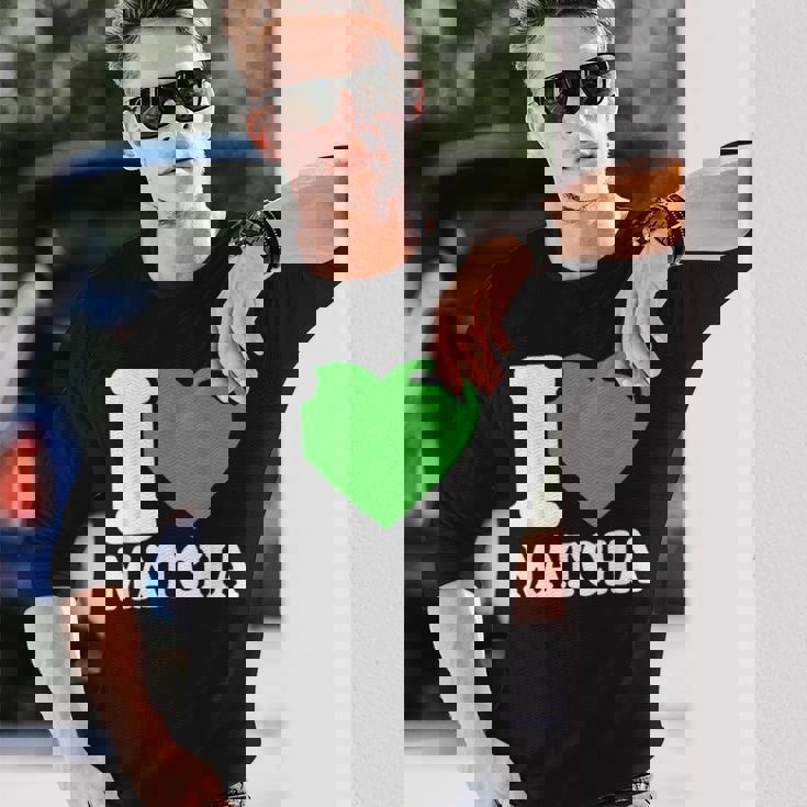 アイラブ抹茶キュートファニー抹茶ハート付き抹茶 長袖Tシャツ 彼への贈り物