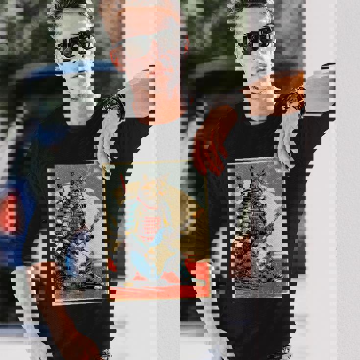 アニメ 日本の侍猫 エレキギターを弾くアートワーク 長袖Tシャツ 彼への贈り物