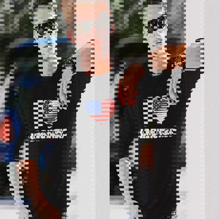 アメリカ国旗とハートのアイ・ラブ・ハンバーガー 長袖Tシャツ 彼への贈り物