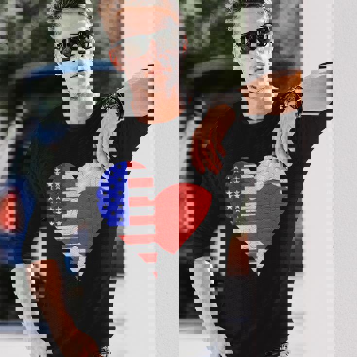 アメリカ日本国旗ハート 長袖Tシャツ 彼への贈り物